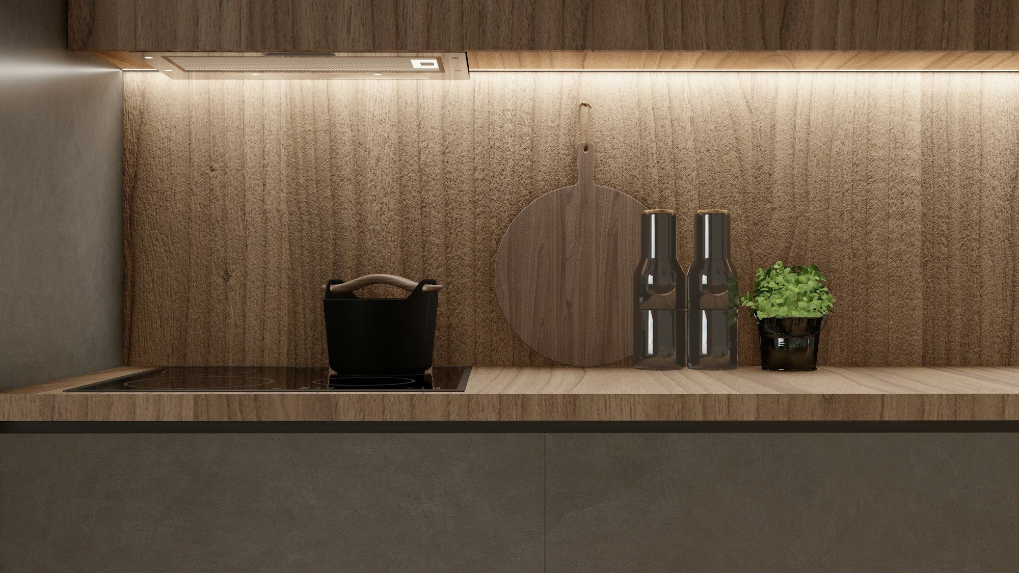 Detalle de frente de madera con luz cálida bajo los muebles altos
